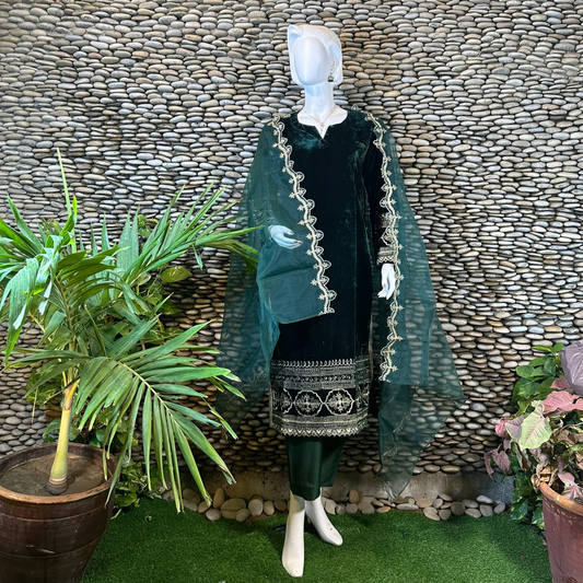 Ready-to-Wear Bottle Green Velvet Zari Embroidered Suit with Organza Dupatta & Silk Palazzo