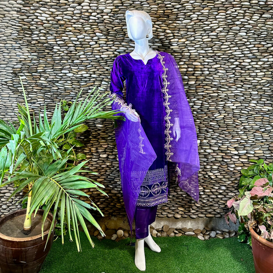 Ready-to-Wear Purple Velvet Zari Embroidered Suit with Organza Dupatta & Silk Palazzo
