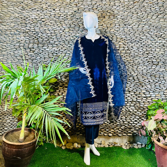 Ready-to-Wear Dark Blue  Velvet Zari Embroidered Suit with Organza Dupatta & Silk Palazzo