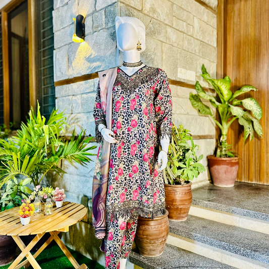 Stitched Digital Printed Dhanak |Three-Piece Suit | Multi-Season Party Wear