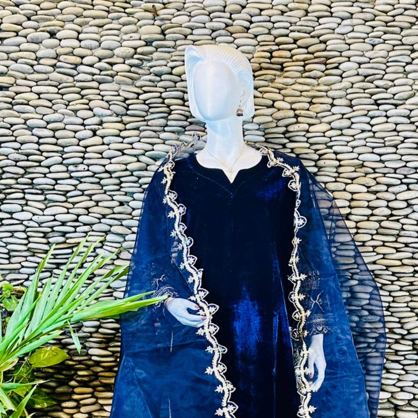 Ready-to-Wear Dark Blue  Velvet Zari Embroidered Suit with Organza Dupatta & Silk Palazzo