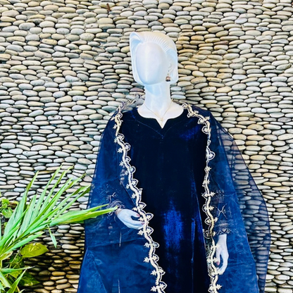 Ready-to-Wear Dark Blue  Velvet Zari Embroidered Suit with Organza Dupatta & Silk Palazzo