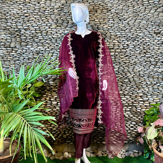 Ready-to-Wear Maroon Velvet Zari Embroidered Suit with Organza Dupatta & Silk Palazzo