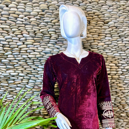 Ready-to-Wear Maroon Velvet Zari Embroidered Suit with Organza Dupatta & Silk Palazzo