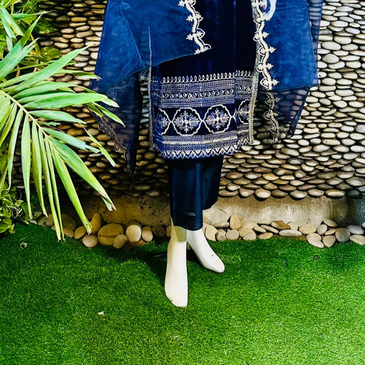 Ready-to-Wear Dark Blue  Velvet Zari Embroidered Suit with Organza Dupatta & Silk Palazzo