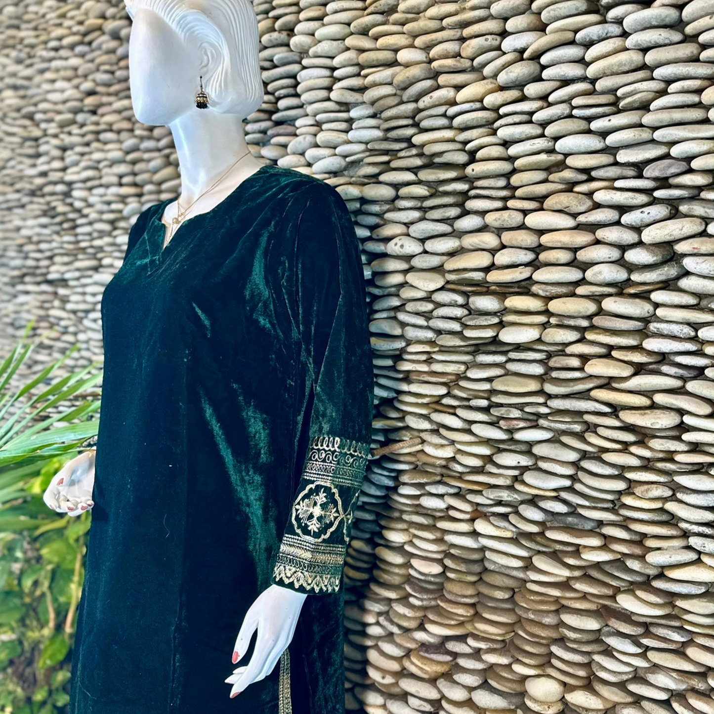 Ready-to-Wear Bottle Green Velvet Zari Embroidered Suit with Organza Dupatta & Silk Palazzo