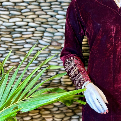 Ready-to-Wear Maroon Velvet Zari Embroidered Suit with Organza Dupatta & Silk Palazzo