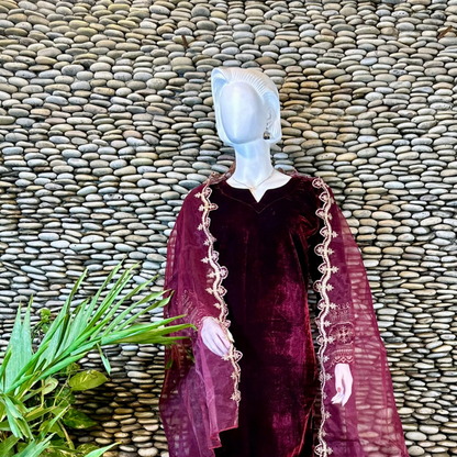 Ready-to-Wear Maroon Velvet Zari Embroidered Suit with Organza Dupatta & Silk Palazzo