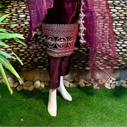 Ready-to-Wear Maroon Velvet Zari Embroidered Suit with Organza Dupatta & Silk Palazzo