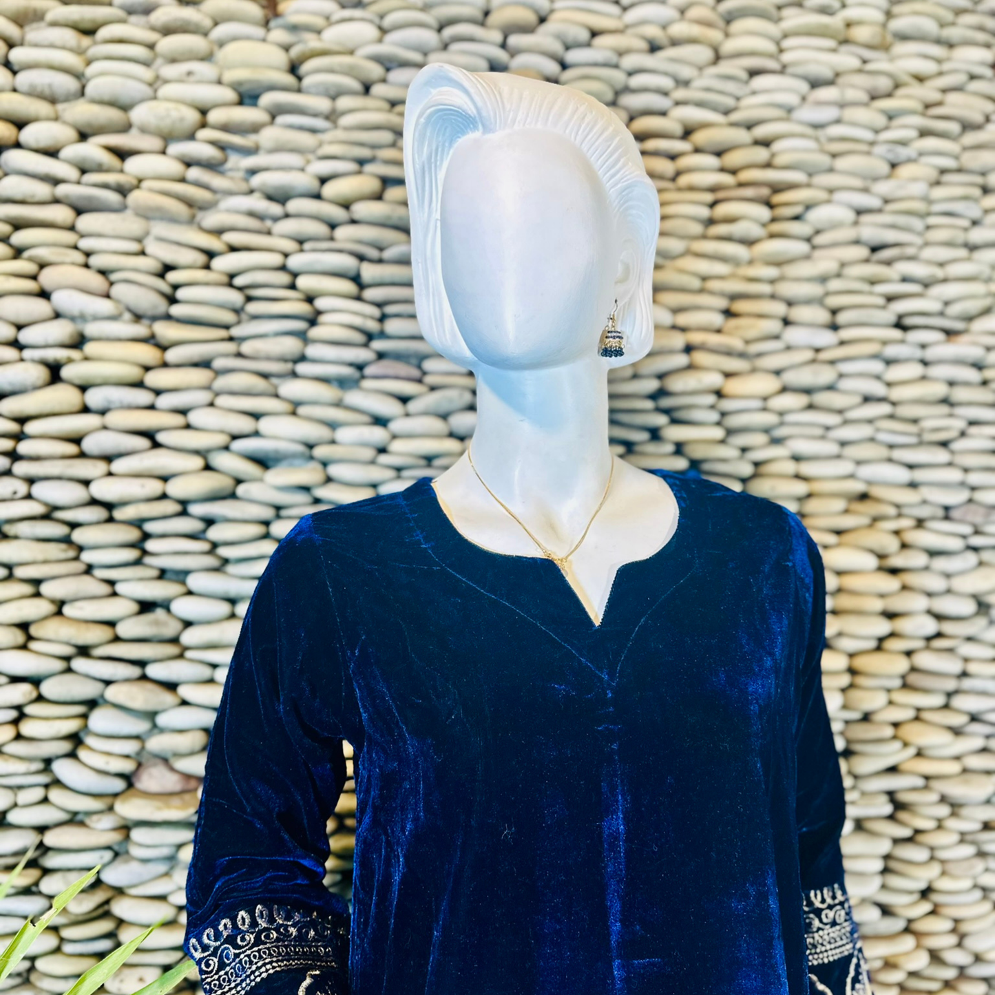 Ready-to-Wear Dark Blue  Velvet Zari Embroidered Suit with Organza Dupatta & Silk Palazzo