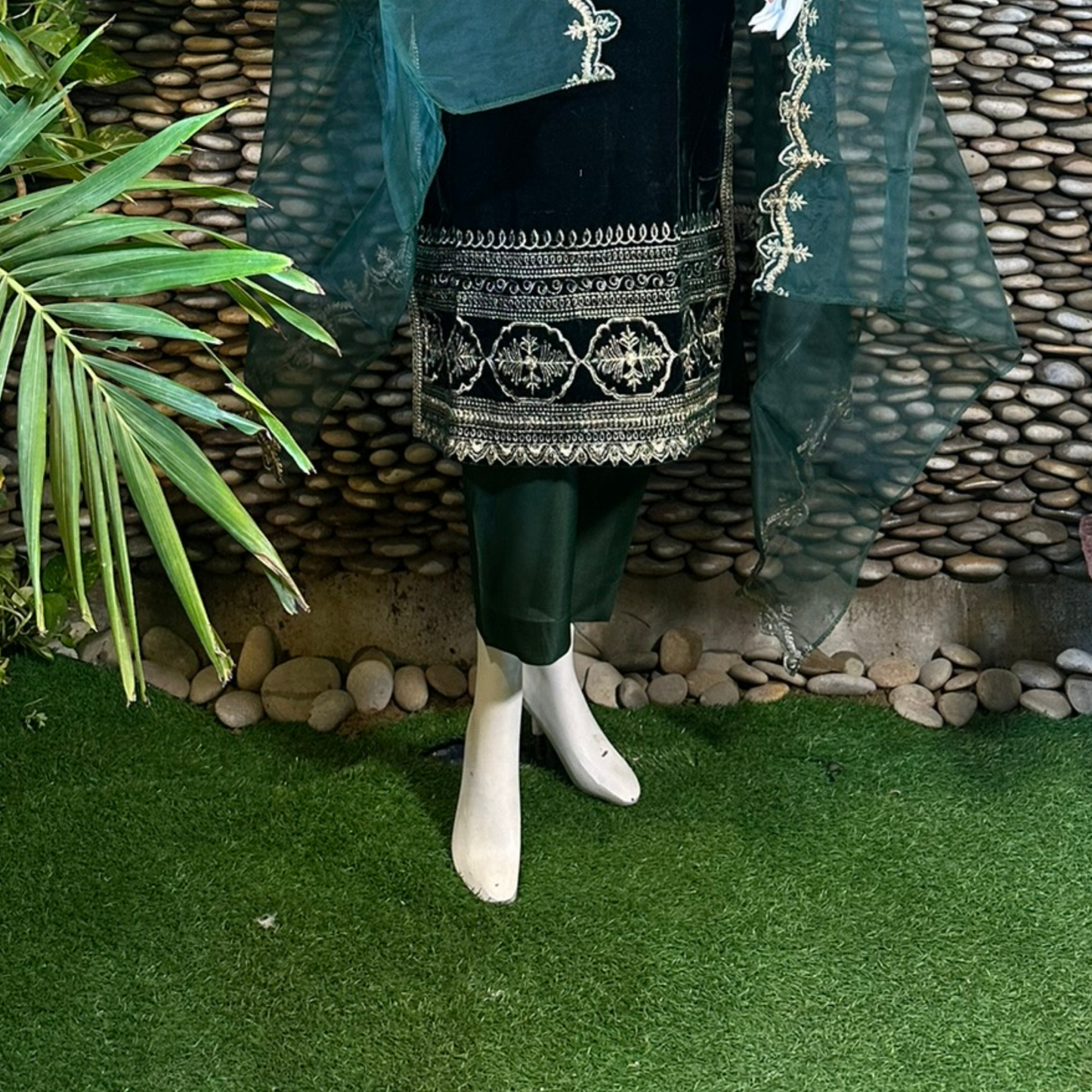 Ready-to-Wear Bottle Green Velvet Zari Embroidered Suit with Organza Dupatta & Silk Palazzo