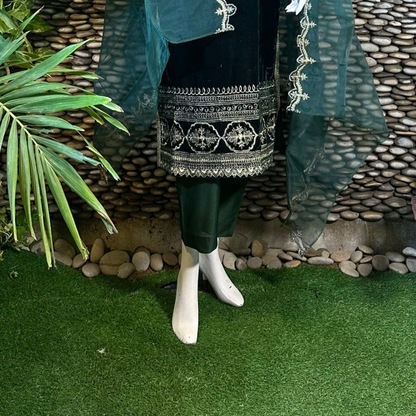 Ready-to-Wear Bottle Green Velvet Zari Embroidered Suit with Organza Dupatta & Silk Palazzo