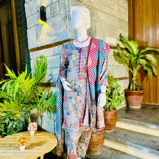 Stitched Digital Printed Dhanak |Three-Piece Suit | Multi-Season Party Wear