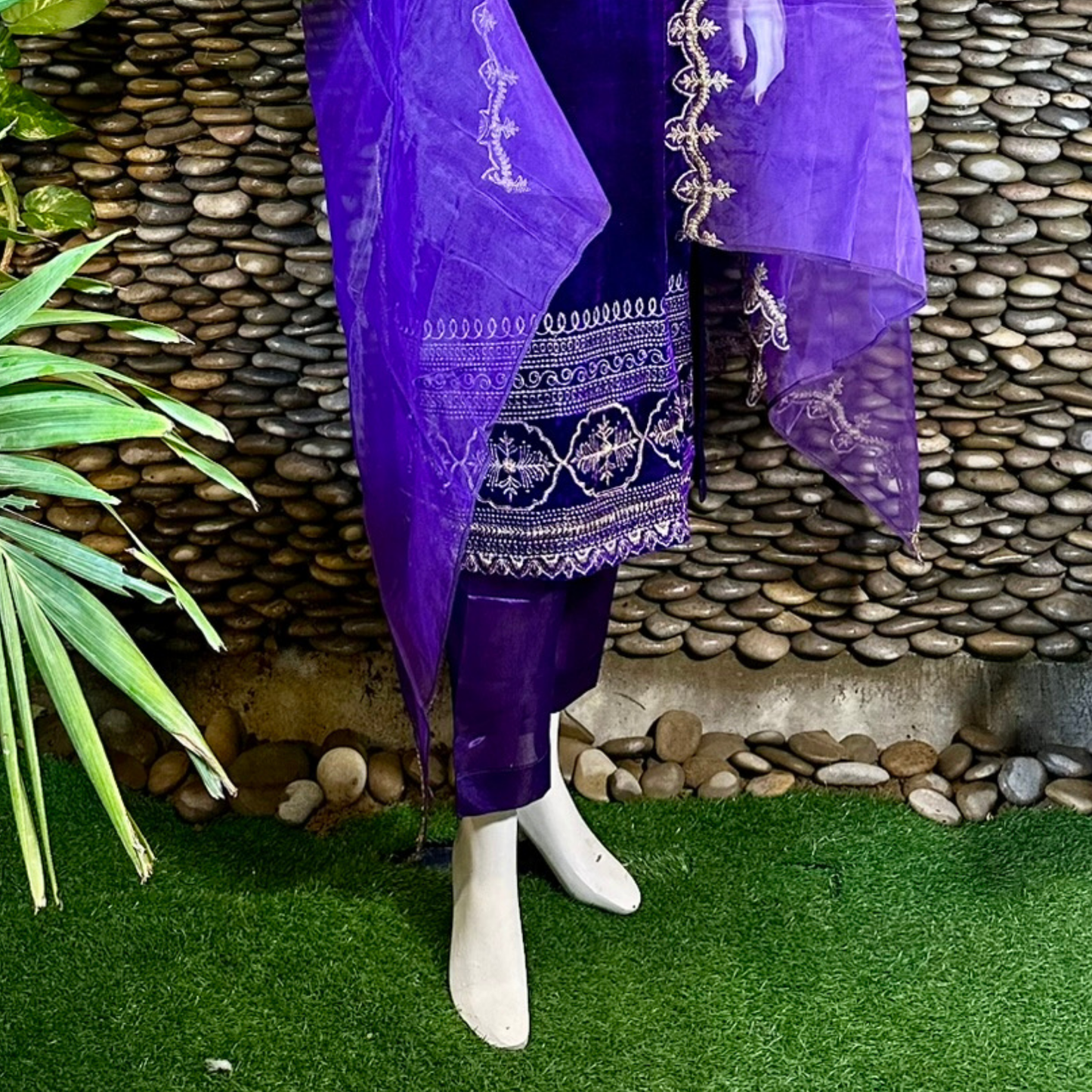 Ready-to-Wear Purple Velvet Zari Embroidered Suit with Organza Dupatta & Silk Palazzo
