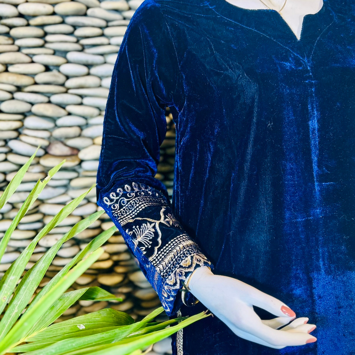 Ready-to-Wear Dark Blue  Velvet Zari Embroidered Suit with Organza Dupatta & Silk Palazzo