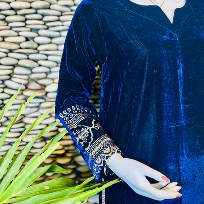 Ready-to-Wear Dark Blue  Velvet Zari Embroidered Suit with Organza Dupatta & Silk Palazzo