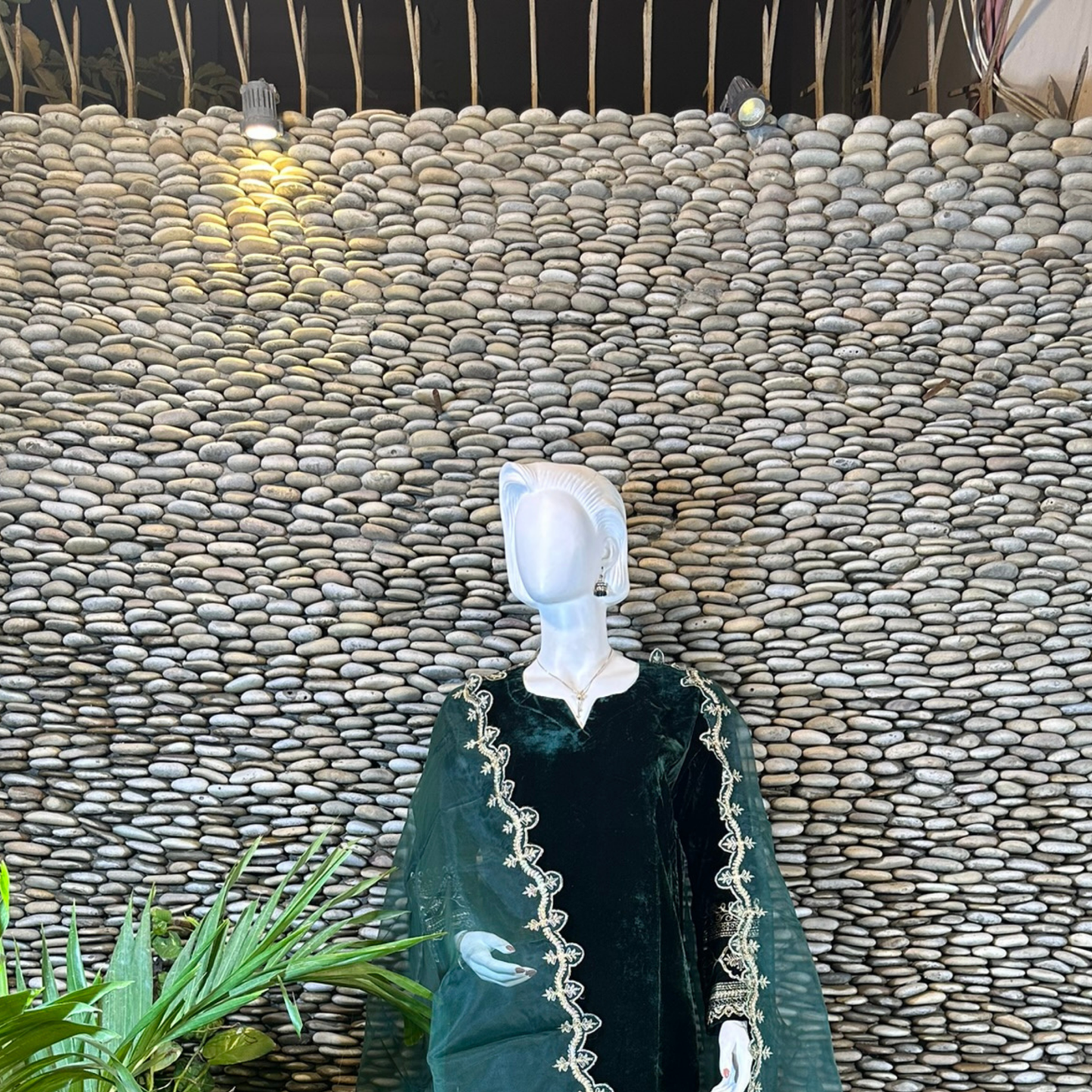 Ready-to-Wear Bottle Green Velvet Zari Embroidered Suit with Organza Dupatta & Silk Palazzo