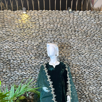 Ready-to-Wear Bottle Green Velvet Zari Embroidered Suit with Organza Dupatta & Silk Palazzo